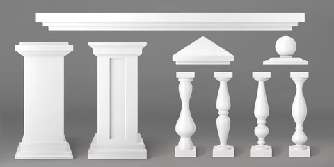 Deurstickers Architecture elements of balustrade for balcony, terrace, parapet. Vector realistic set of 3d white stone or marble pillars, columns, baluster, handrail and base of classic ancient fence © klyaksun