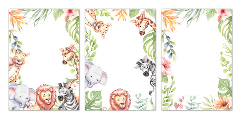 watercolor animal card set baby shower card template design with tropical leaves and hibiscus flower. A giraffe, elephant, lion, zebra and leopard for banner clipping path isolated on white background