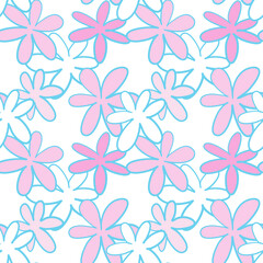 White pink daisy petal flower blossom vector seamless pattern, abstract flora illustration drawing on white background for fashion fabric textiles printing, wallpaper and paper wrapping 