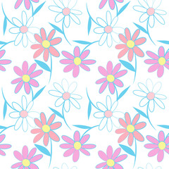 White pink daisy petal flower blossom vector seamless pattern, abstract flora illustration drawing on white background for fashion fabric textiles printing, wallpaper and paper wrapping 