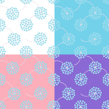 Blue Dandelion daisy petal flower blossom vector seamless pattern, set of abstract flora illustration drawing on white blue violet pink  background for fashion textiles printing, wallpaper wrapping 