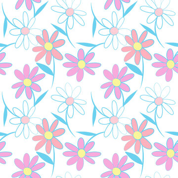 White pink daisy petal flower blossom vector seamless pattern, abstract flora illustration drawing on white background for fashion fabric textiles printing, wallpaper and paper wrapping 