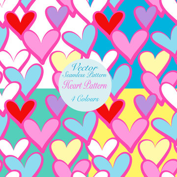 Colorful hearts vector seamless pattern on white blue green yellow background, collection of element for decorate valentine card, fabric textile printing and wallpaper