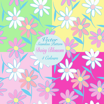 White pink daisy petal flower blossom vector seamless pattern, set of abstract flora illustration drawing on green yellow background for fashion fabric textiles printing, wallpaper and paper wrapping 
