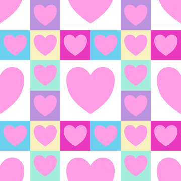 Pink heart on colorful geometric square background vector seamless pattern, element for decorate valentine card, flannel tartan plain fabric textile printing, wallpaper and paper wrapping