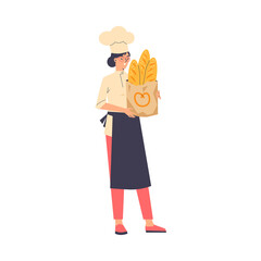 Woman baker holding paper bag with baguettes flat vector illustration isolated.