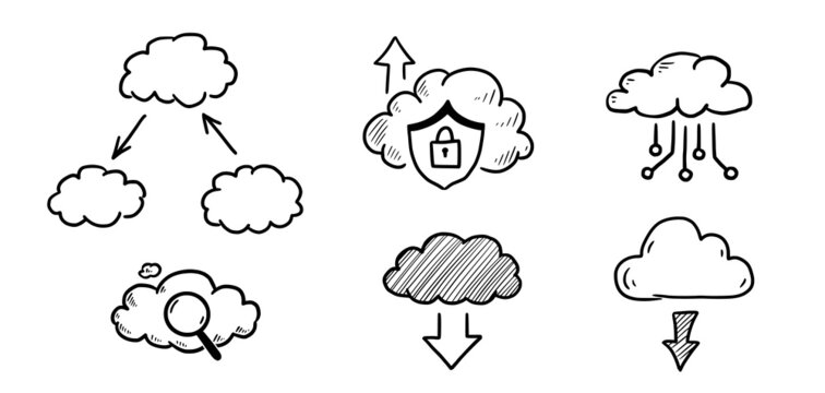 Doodle data server cloud set. Hand drawn sketch style cloud, arrow for internet database, digital storage concept. Vector illustration.
