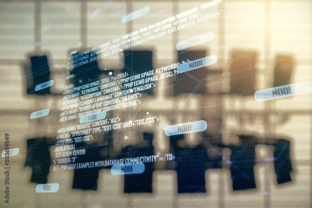Fototapete multi exposure of abstract programming language hologram on a modern furnished office interior backg