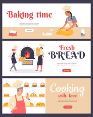 Banners or flyers set with bakers prepare bread, flat vector illustration.