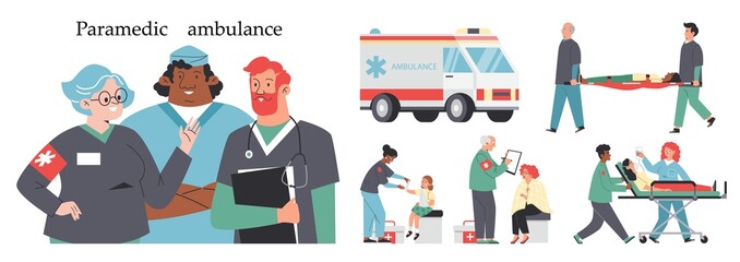 Paramedic ambulance emergency medical set, flat vector illustration isolated. © Kudryavtsev
