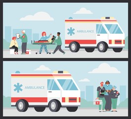 Poster ambulance paramedics, vector flat illustration. Patient on a stretcher. © Kudryavtsev