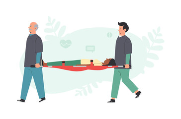 Ambulance paramedics carry an injured person, flat vector illustration isolated.