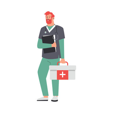 Paramedics or emergency rescue team doctor, flat vector illustration isolated.
