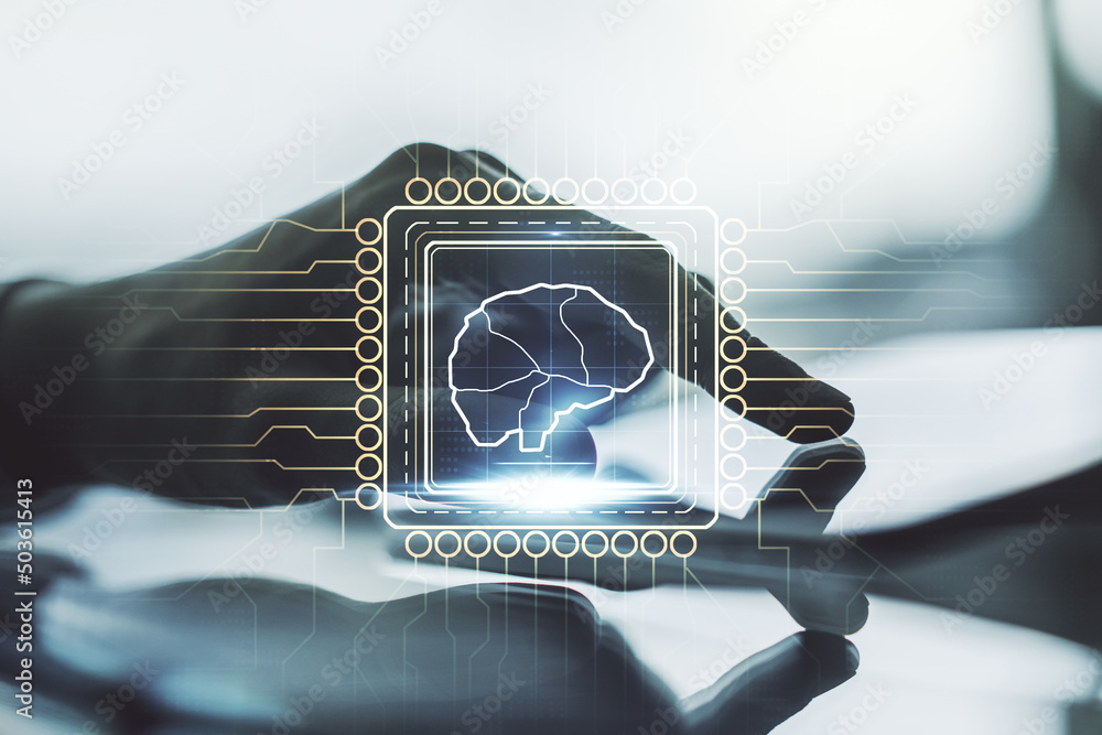 Poster double exposure of creative artificial intelligence symbol with finger clicks on a digital tablet on