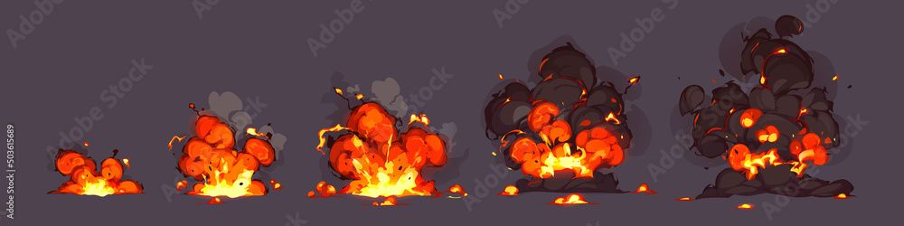 Poster explosion of bomb, rocket hit. vector animation sprite sheet of burst with fire and black smoke clou
