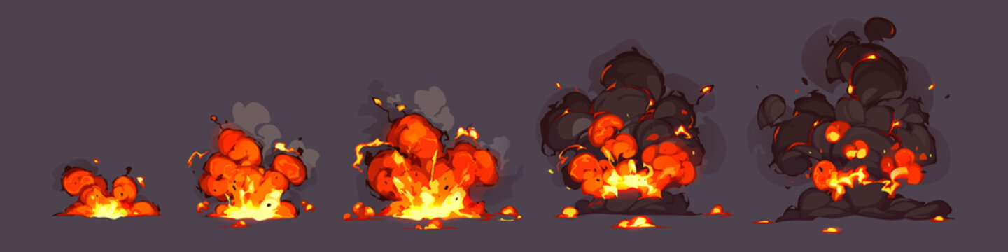 Explosion of bomb, rocket hit. Vector animation sprite sheet of burst with fire and black smoke clouds. Cartoon set of blast effect from dynamite, bomb or atomic weapon isolated on background
