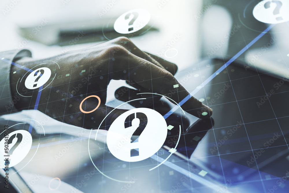 Aufkleber creative concept of question mark illustration and finger clicks on a digital tablet on background. 