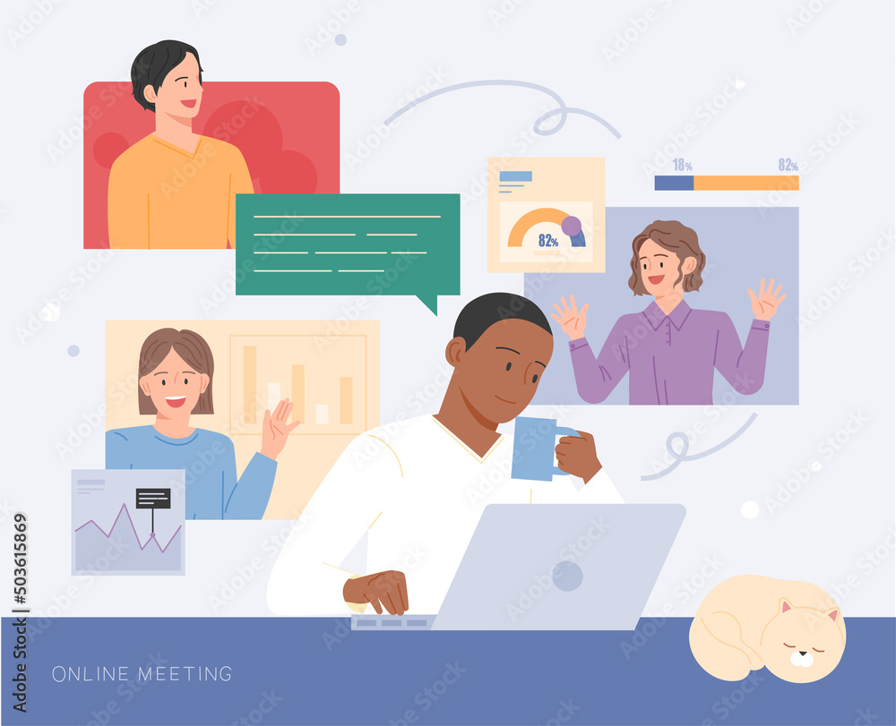 Poster a man is telecommuting and working with colleagues online. flat design style vector illustration.