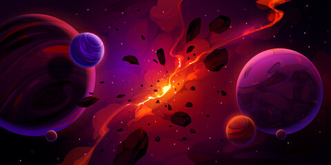 Galaxy, outer space background with planets and explosion with fire, smoke and flying stone debris. Vector cartoon fantastic illustration of blast in cosmos after catastrophe or collision © klyaksun