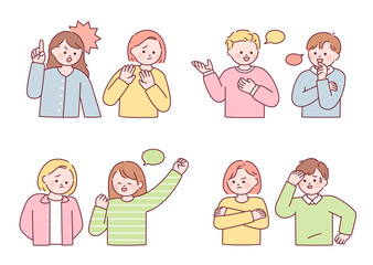 Friends talking with various emotions. flat design style vector illustration. - obrazy, fototapety, plakaty