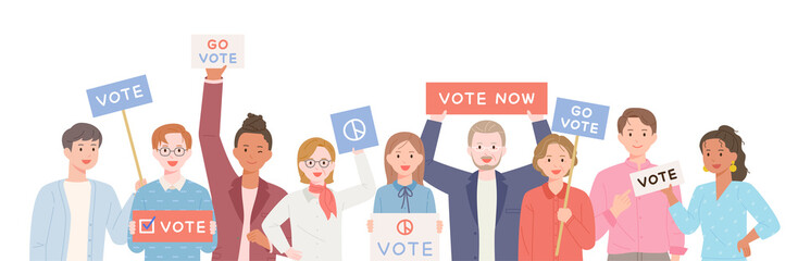 People holding pickets and cheering. People who encourage voting. flat design style vector illustration.