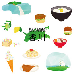 香川　ご当地グルメ・観光名所　水彩タッチイラスト