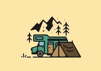 Simple camper van camping illustration © Adipra