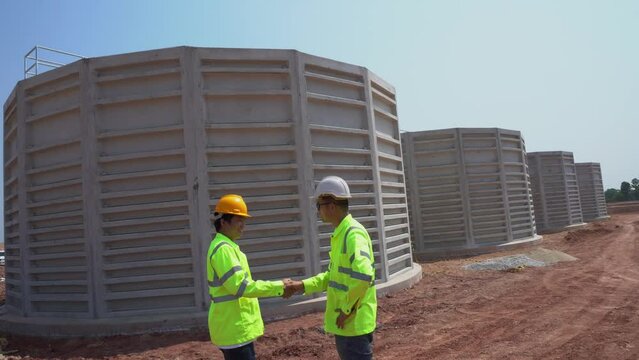 Teamwork civil engineer plan the construction of unfinished 
Water tanks concrete  for waste water treatment at construction site of industrial estate. Utilities.
