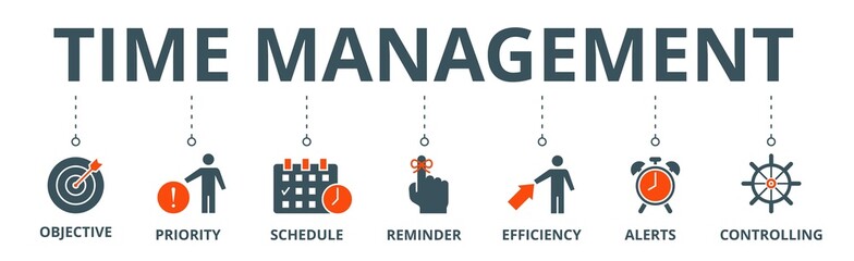 Fototapeta na wymiar Time management banner web icon vector illustration concept with icon of objective, priority, schedule, reminder, efficiency, alerts, and controlling