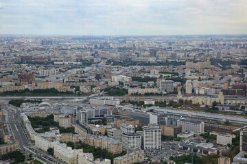 Aerial view of  city Moscow in summer. Form from the observation platform of the business center of Federation Tower Moscow City.  Photography from a height of 374 meters.