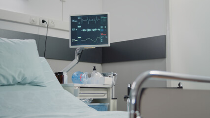 Close up of monitor used to measure heart rate and pulse for healthcare. Nobody in hospital ward with technology and medical instruments for intensive care and patient recovery.