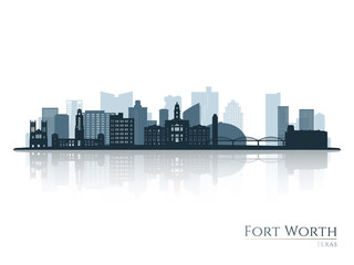 Fort Worth skyline silhouette with reflection. Landscape Fort Worth, Texas. Vector illustration.