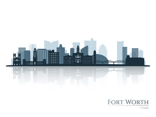Fototapeta premium Fort Worth skyline silhouette with reflection. Landscape Fort Worth, Texas. Vector illustration.