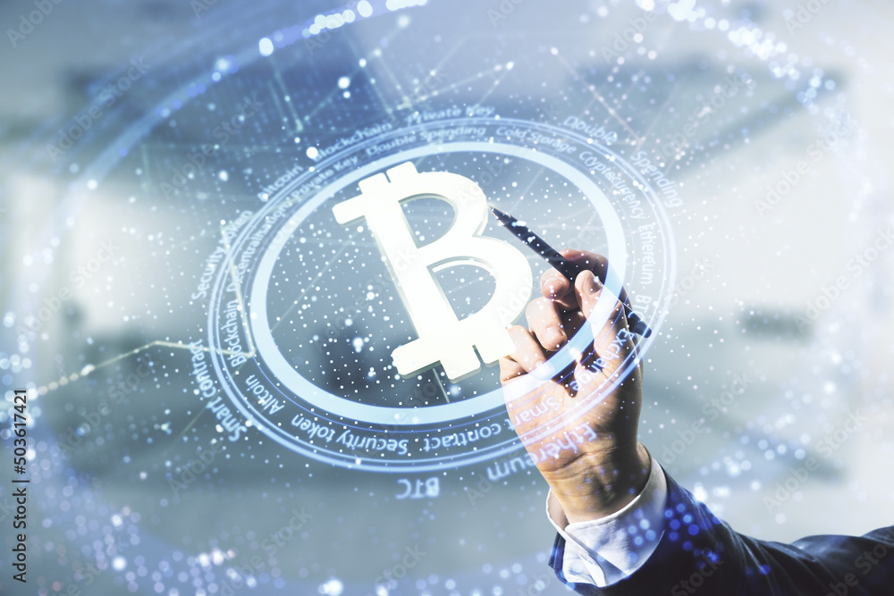 Poster man hand with pen working with virtual bitcoin sketch on blurred office background. double exposure