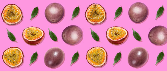 Many ripe passion fruits on pink background. Pattern for design