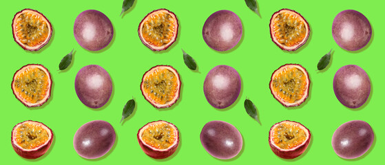 Many ripe passion fruits on green background. Pattern for design