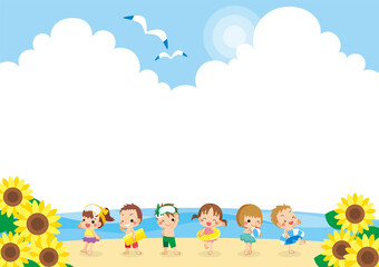 Obraz na płótnie Canvas 海水浴場に遊びに来た可愛い子供たちのイラスト　テンプレート　コピースペース　フレーム　背景　風景