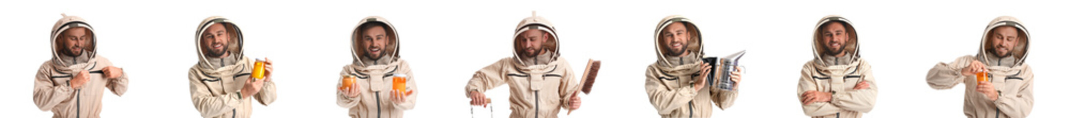 Set of male beekeeper in protective suit isolated on white - obrazy, fototapety, plakaty