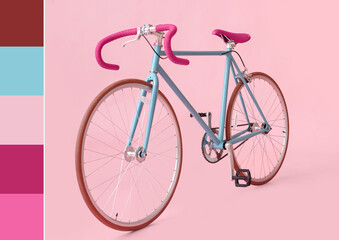 Modern bicycle on pink background. Different color patterns