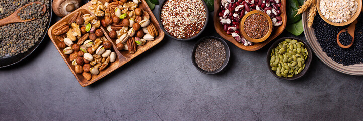 Variety of vegan, plant based protein food, legumes, lentils, beans
