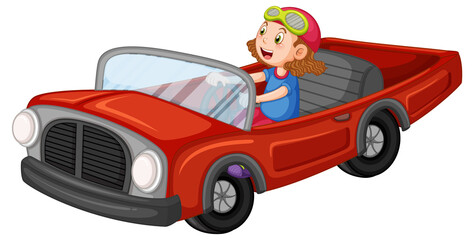 Fototapeta na wymiar A girl driving vintage car in cartoon design