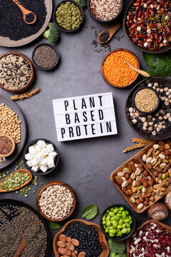 Variety of vegan, plant based protein food, legumes, lentils, beans