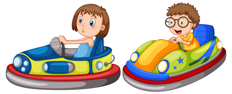 Kids riding bumper cars cartoon design