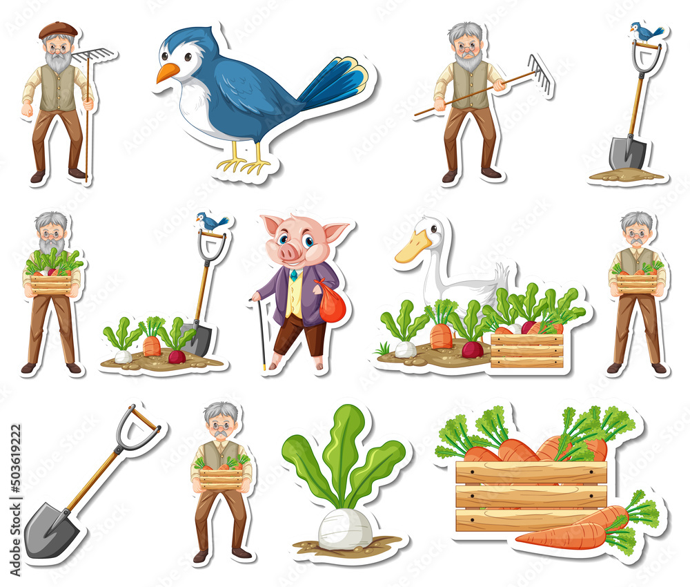 Sticker sticker set of farm objects and farmer cartoon characters