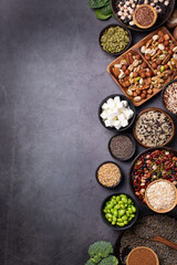 Obraz na płótnie Canvas Variety of vegan, plant based protein food, legumes, lentils, beans