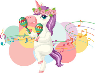 Cute purple unicorn shaking maracas with music notes on white background