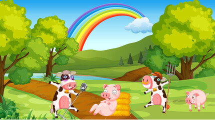 Obraz na płótnie Canvas Scene with happy cows in the field