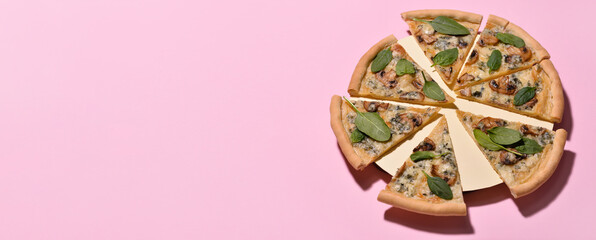 Slices of tasty vegetarian pizza on pink background with space for text