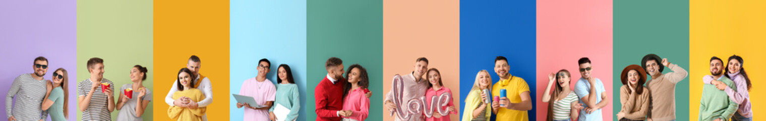 Set of different happy couples in love on colorful background
