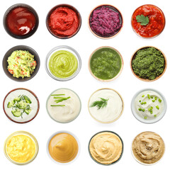Set of different tasty sauces in bowls on white background, top view
